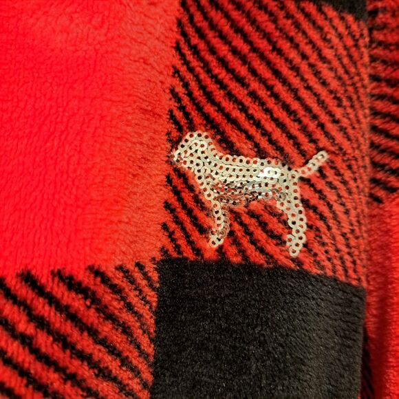 Victoria Secret Pink Robe XS Plush Plaid Sequin Dog Logo Hooded Pockets Belt Red - Picture 5 of 6